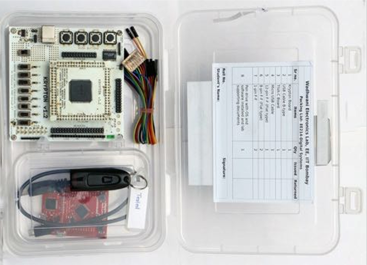 Hardware kits for the digital systems lab, laid out for packing